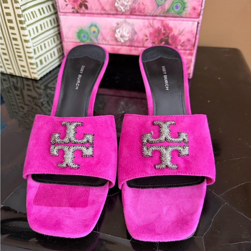 Tory Burch Fuchsia Suede Crystal-Embellished Slide Mules - Picture 4 of 8